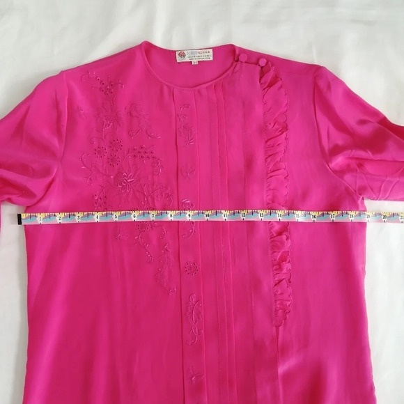 Vintage Peony Pure Silk Hand Embroidered Pink Long Sleeve Blouse Size 34 Small - Picture 15 of 17